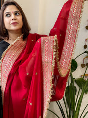 Red Chiffon Georgette Dupatta with Sequin Buta and Heavy Embroidered Border