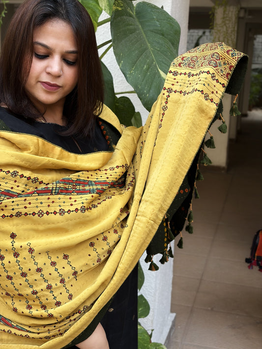 Yellow Ajrakh Handblock Printed Silk-Woollen Shawl
