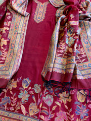 Maroon Suit Set with Handwoven Kaani and Zari in Pure Silk