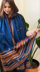 Teal Blue Handwoven Woollen Shawl with Mirror Handwork