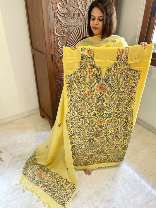 Lime Yellow Suit Set with Kantha Handwork in Pure Tussar Silk