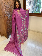 Purple Suit Set with Cross-Stitch Embroidery in Pure Tussar Silk