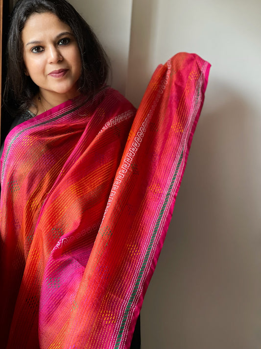 Orange, Pink Handmade Kantha Dupatta in Silk