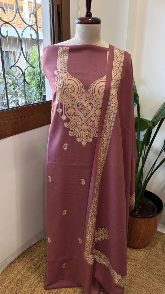 Mauve Winter Suit Set with Aari Work in Pashmina Wool