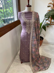 Mauve Suit Set with Thread Embroidery and Pitta Work in Georgette
