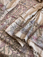 Lite Brown Suit Set with Kantha Handwork in Pure Tussar Silk
