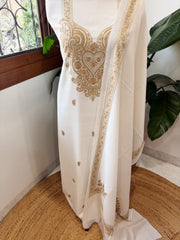 White Winter Suit Set with Aari Work in Pashmina Wool