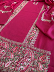 Hot Pink Winter Suit Set with Aari Work in Pashmina Wool