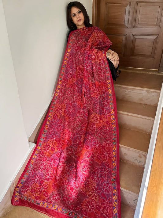 Red Handmade Reverse Nakshi Kantha Dupatta in Silk