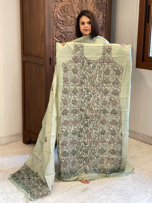 Dusty Green Suit Set with Kantha Handwork in Pure Tussar Silk