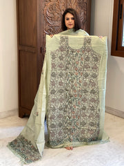 Dusty Green Suit Set with Kantha Handwork in Pure Tussar Silk