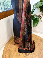 Black Suit Set with Handwoven Kaani and Zari in Pure Silk
