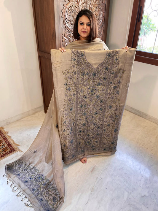 Lite Brown Suit Set with Kantha Handwork in Pure Tussar Silk