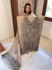 Lite Brown Suit Set with Kantha Handwork in Pure Tussar Silk