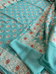 Turquoise Woven Suit Set with Zari and Meenakari in Weaving in Pure Moonga Silk