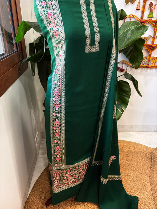 Green Winter Suit Set with Aari Work in Pashmina Wool