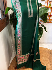 Green Winter Suit Set with Aari Work in Pashmina Wool