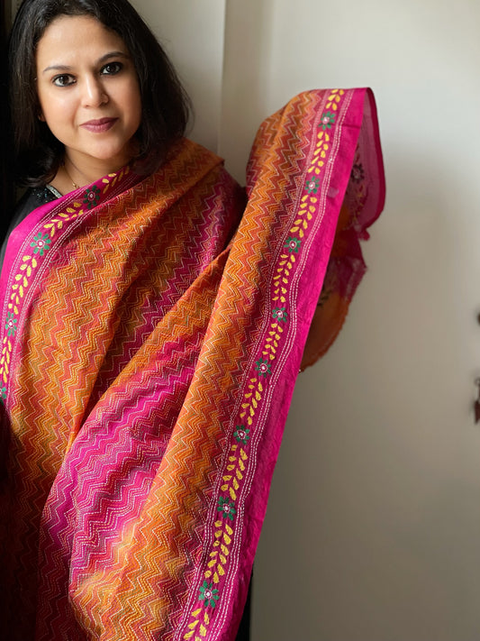 Mustard, Pink Handmade Kantha Dupatta in Silk