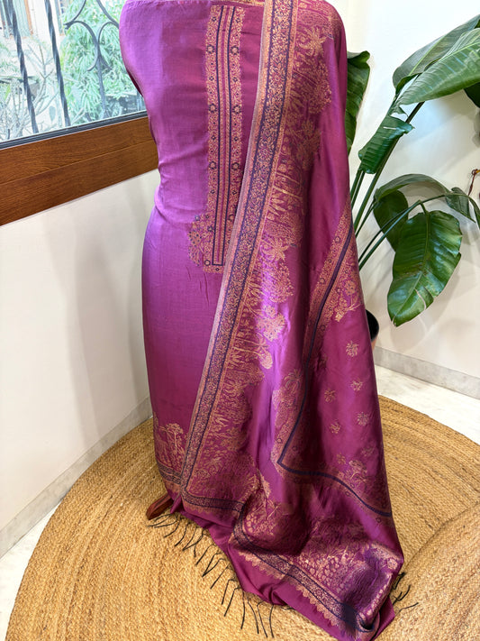 Purple Suit Set with Handwoven Kaani and Zari in Pure Silk