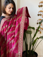 Pink Printed Bandhej Dupatta in Chinon with Gold Thread and Sequin Work