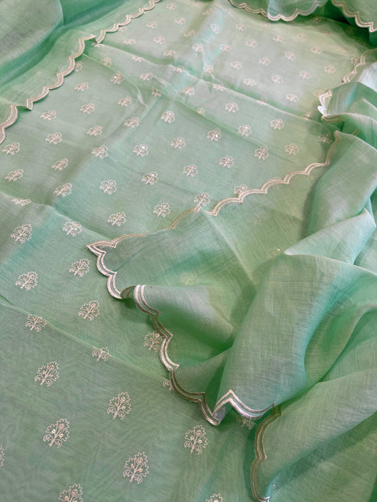 Sea Green Suit Set with Gold Thread & Sequin Work in Pure Mul