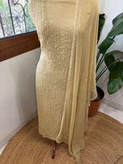 Yellowish Beige Suit Set with Lucknowi Handwork in Pure Mul Cotton