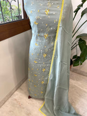 Greenish Grey Suit Set with Thread Embroidery in Pure Mul