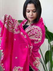 Hot Pink Crepe Dupatta with Pearl, Cut Daana, Gold Thread & Sequin Embroidery