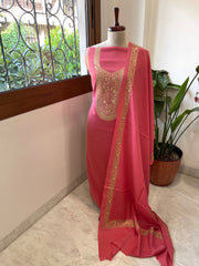 Peachish Pink Winter Suit Set with Aari Work in Pashmina Wool