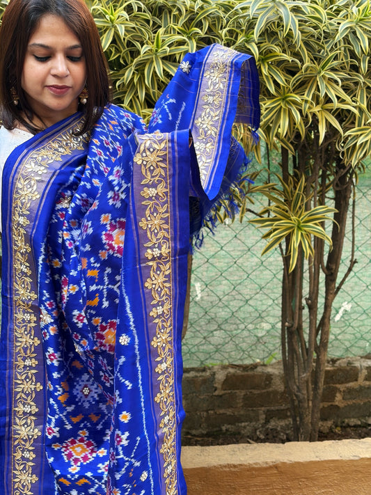 Royal Blue Handwoven Ikat Patola with Gotapatti & Pearl Handwork dupatta in Pure Silk