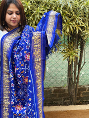Royal Blue Handwoven Ikat Patola with Gotapatti & Pearl Handwork dupatta in Pure Silk