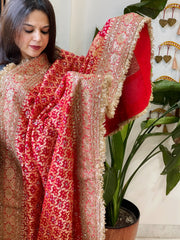 Tomato Red Handwoven NeemZari Bareek Bandhani with Sequin, Dabka Handwork in Pure Georgette