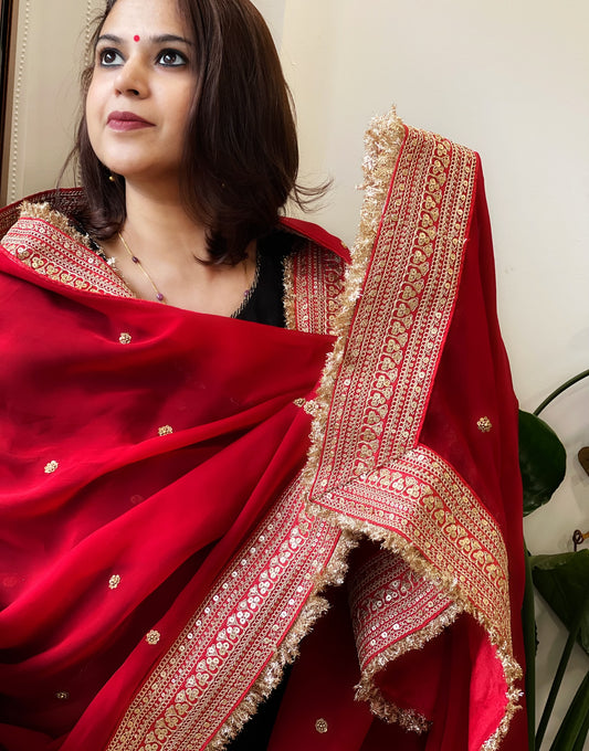 Red Chiffon Georgette Dupatta with Sequin Buta and Heavy Embroidered Border