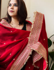 Red Chiffon Georgette Dupatta with Sequin Buta and Heavy Embroidered Border