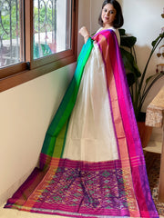 Ivory Handwoven Ikat Saree in Pure Silk with Ganga-Jamuna Border