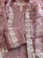 Mauve Suit Set with Thread Embroidery in Pure Tussar Silk