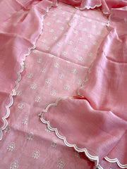 Peachish Pink Suit Set with Gold Thread & Sequin Work in Pure Mul