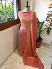 Peach Winter Suit Set with Aari Work in Pashmina Wool