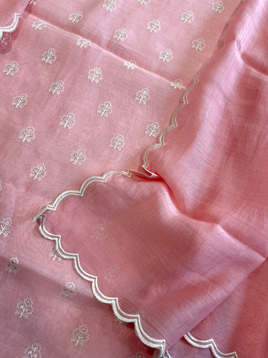 Peachish Pink Suit Set with Gold Thread & Sequin Work in Pure Mul