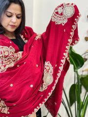 Red Crepe Dupatta with Pearl, Cut Daana, Gold Thread & Sequin Embroidery