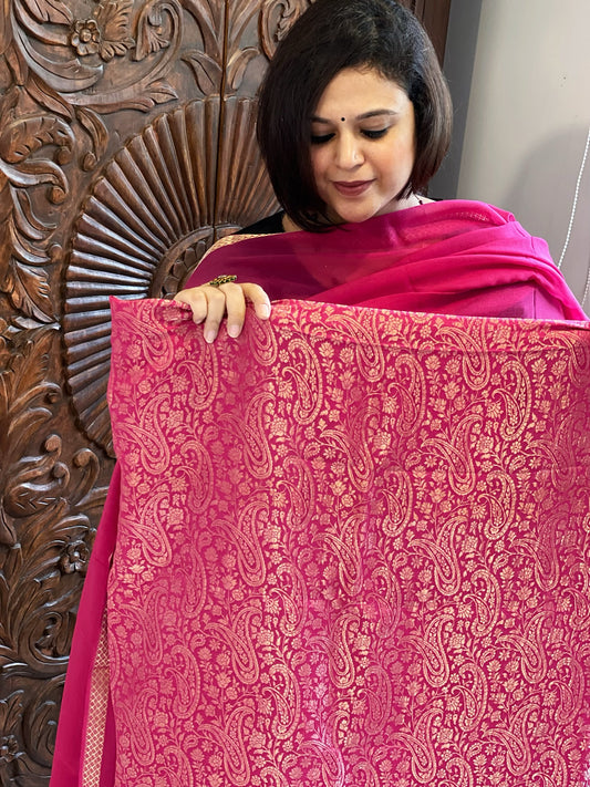 Pink Handwoven Brocade Suit Set in Pure Crepe