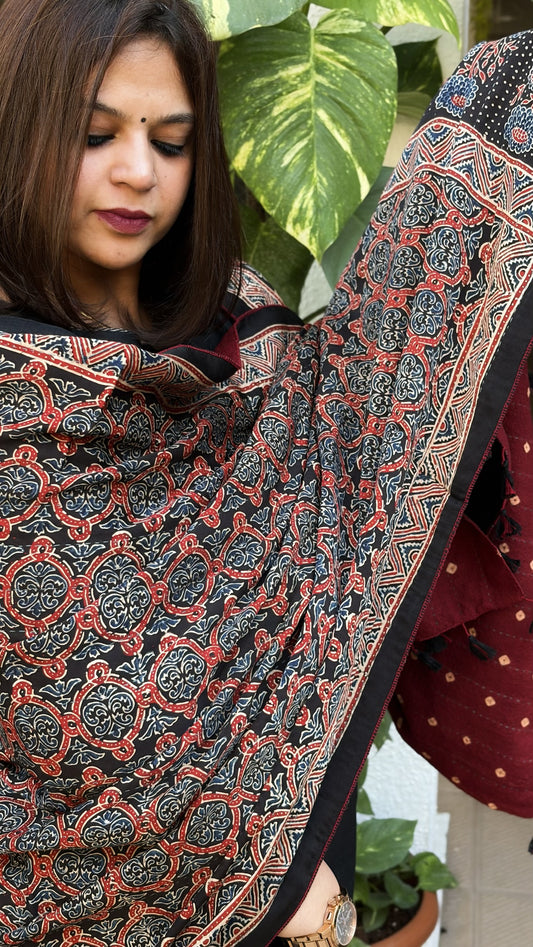 Black Ajrakh Handblock Printed Silk-Woollen Shawl
