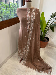 Brown Suit Set with Parsi Gara Embroidery Dupatta in Mul Cotton