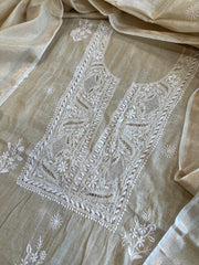 Gold Suit Set with Lucknowi Handwork in Tissue Chanderi