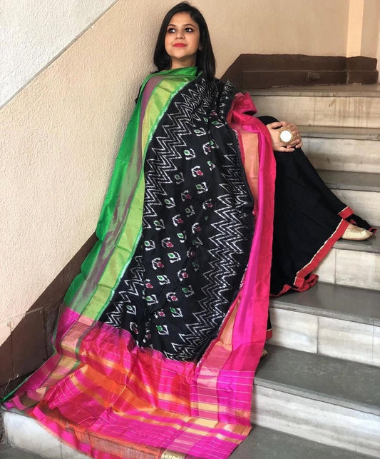 Black Handwoven Ikat Dupatta in Pure Silk
