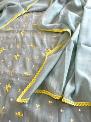 Greenish Grey Suit Set with Thread Embroidery in Pure Mul