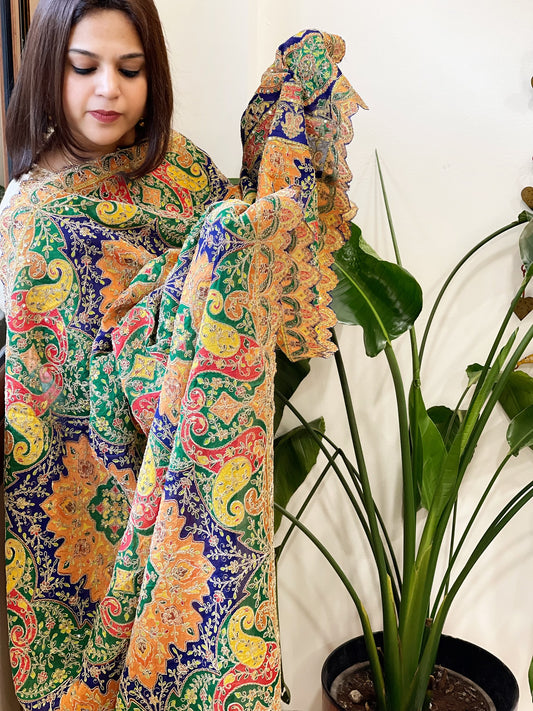 Multicolor Chinon Dupatta with Aari Embroidery