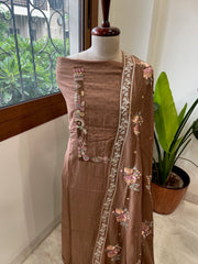Brown Suit Set with Thread Handwork and Parsi Gara Dupatta in Mul Cotton