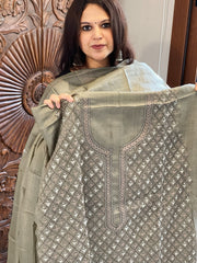 Dusty Green Suit Set with Kantha Embroidery in Pure Tussar Silk