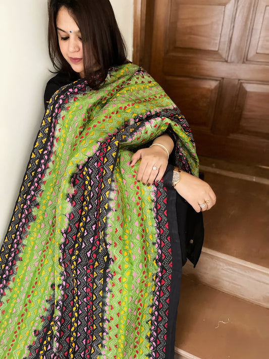 Black, Green Handmade Kantha Dupatta in Silk